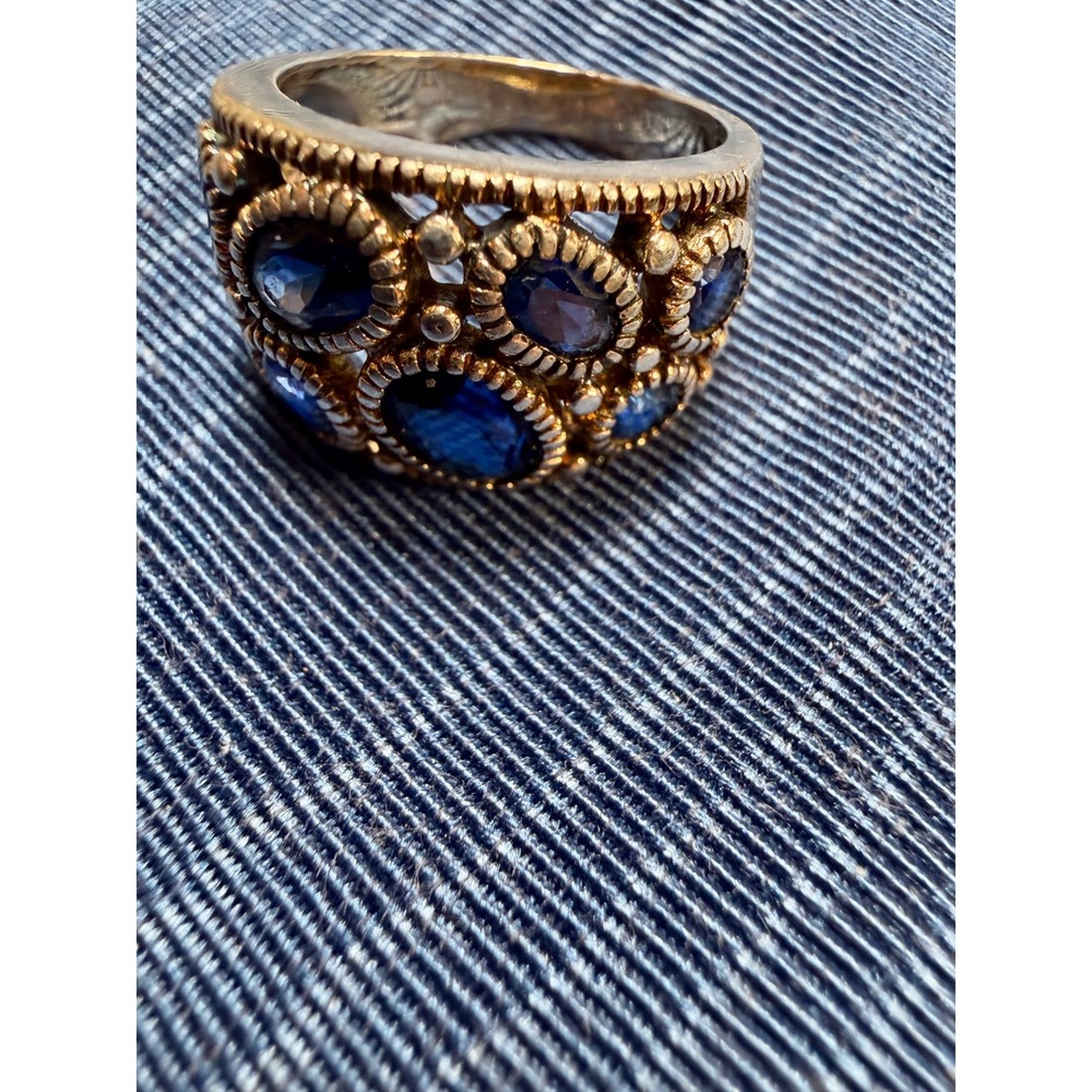 Two Tone Sterling Silver 925 Blue Stone Cluster Dome Statement Ring Size 7